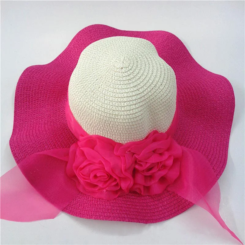 Fashion Straw Hat Flower Ribbon Summer Beach Wide Brim Fisherman Sunscreen Folding Hand Made Casual Wave Girls Hats CP0238 (10)