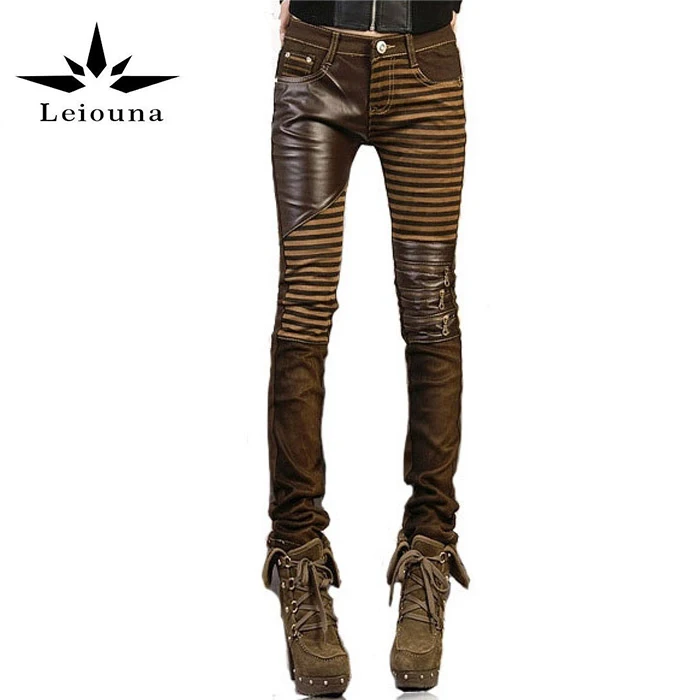 Leiouna/женские модные повседневные штаны высокого качества из искусственной кожи, большие размеры, джинсовые ботинки с вырезами, обтягивающие узкие брюки-карандаш, Boyfriend - Цвет: Brown