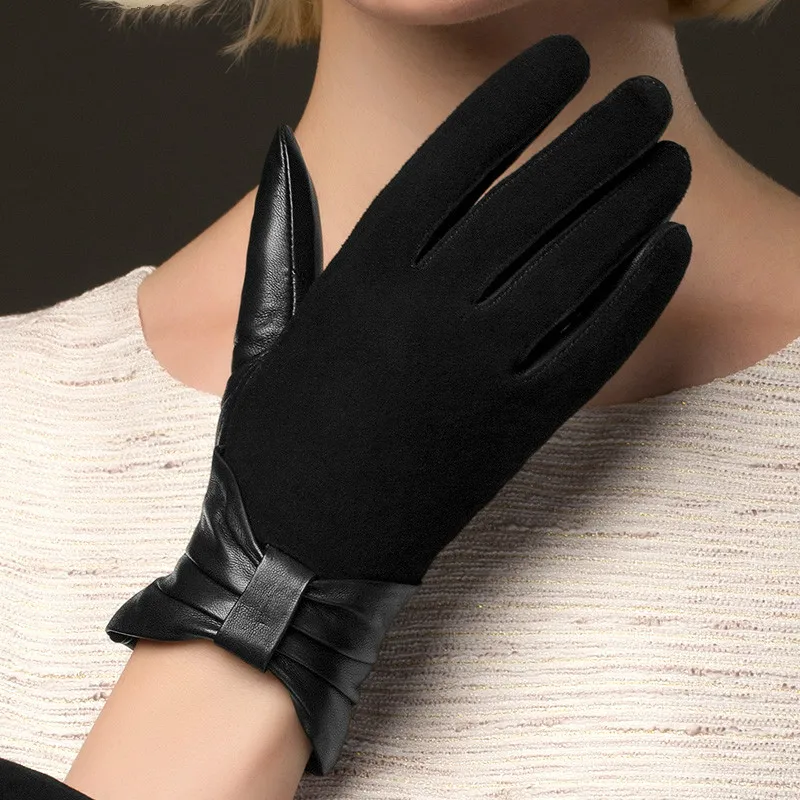 2017 New Genuine Leather Gloves Women Fashion Black Suede Leather