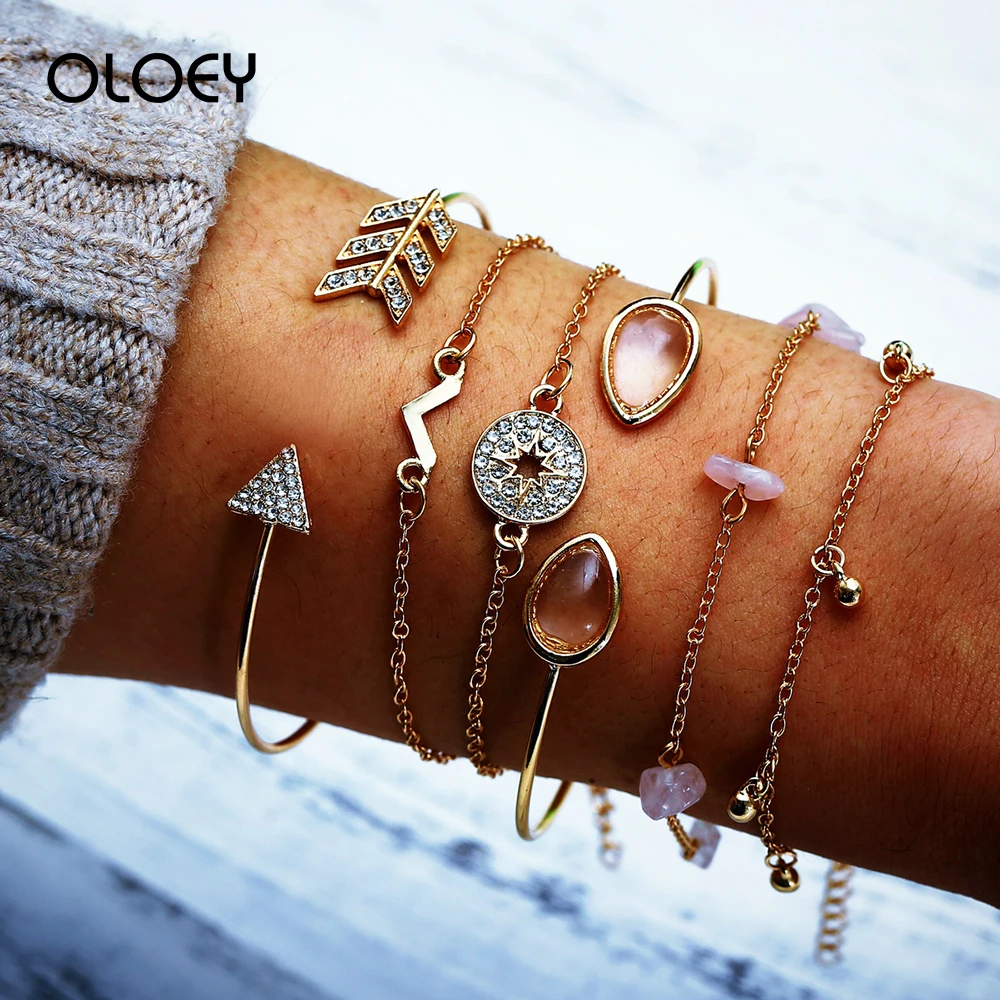 

OLOEY Retro Women 6pcs/set Bracelets Bohemia Crystals Alloy Female Hand Jewelry Fashion Beach Ladies Hand Chian Accessories Gift