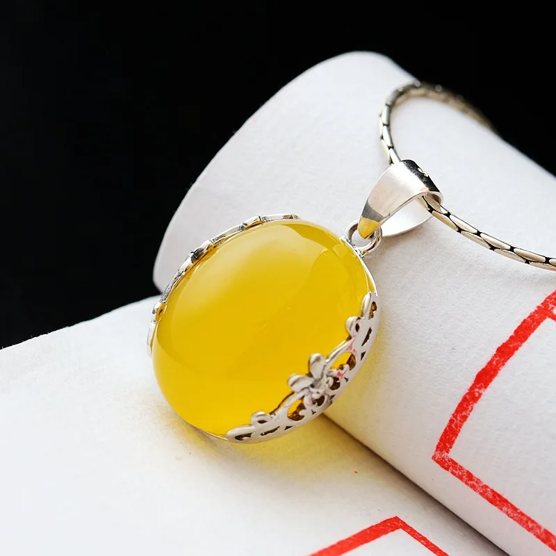 Retro Silver Jewelry Wholesale S925 Sterling Silver Inlaid Natural Chalcedony Pendant Ms