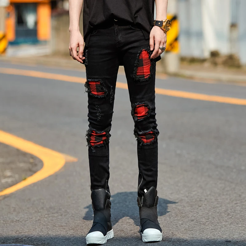 Men Hole Plaid Splice Black Jeans Male Fashion Casual Hip Hop Punk ...