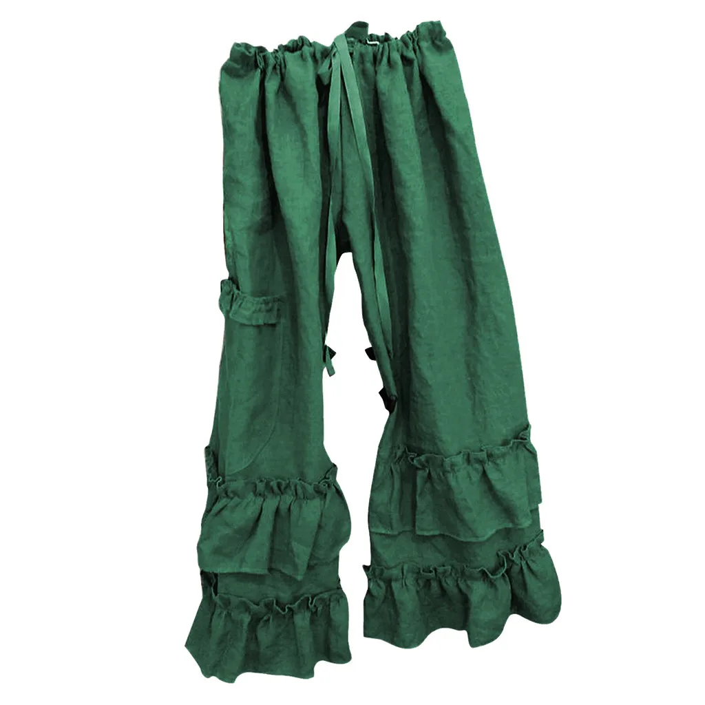 

Women Plus Size Solid Cotton Linen Folds Casual Ruffled Loose Pocket Pants Summer Style High Street Pant Suit