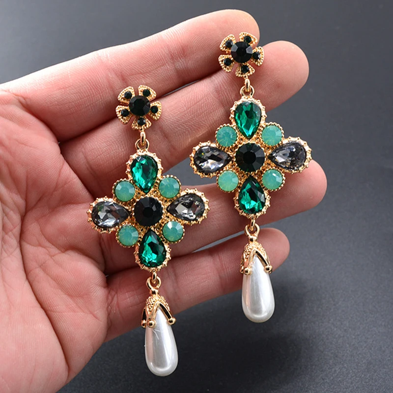 

Baroque Earrings For Women Rhinestone Crystal Cross Drop Earrings Bohemian Large Long Earing Jewelry Brinco Clothing Accessories