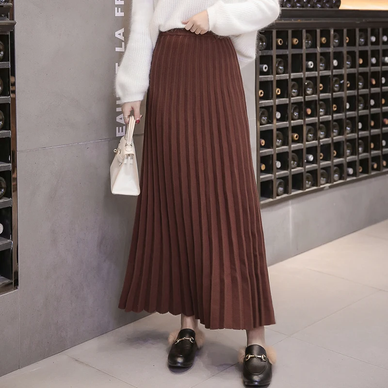 Для женщин ruched длинная юбка корейская мода осень зима утолщение вязание высокое