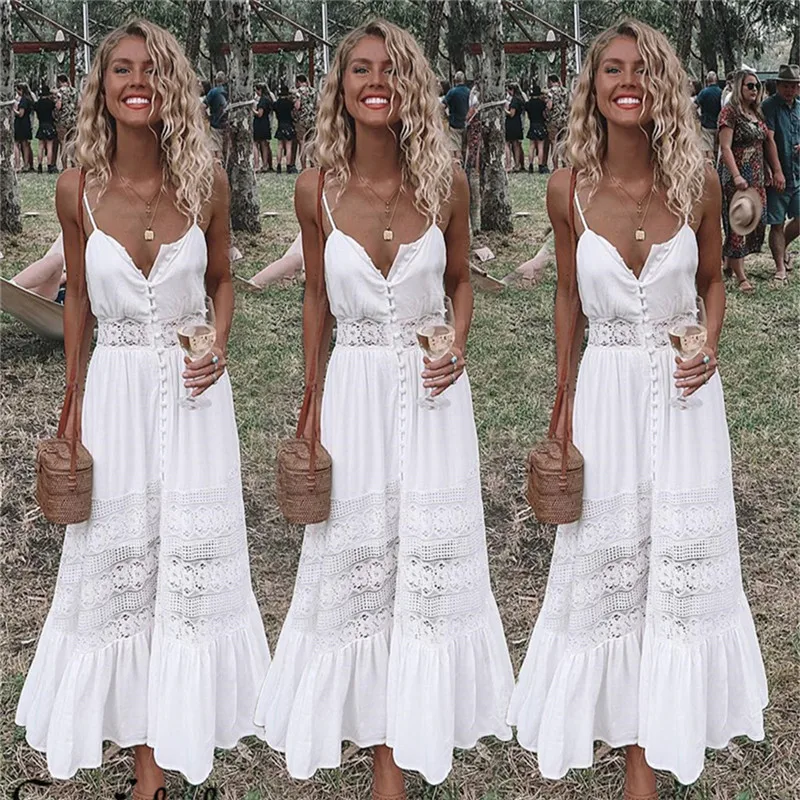

2018 Fashion Women Clothing Summer Lace Dress Female Hollow Out Maxi White Dress Loose Casual Sexy Party Women Dress Plus Size