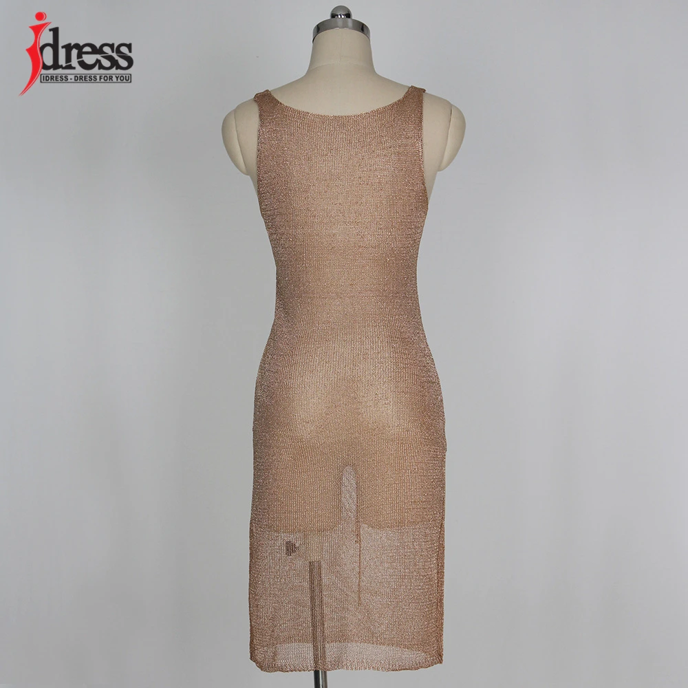 IDress Big Size Rose Gold Women Casual Sleeveless Hollow Out Golden Women Beach Dresses Deep V Neck Lace Up Tank Dress Vestidos (7)