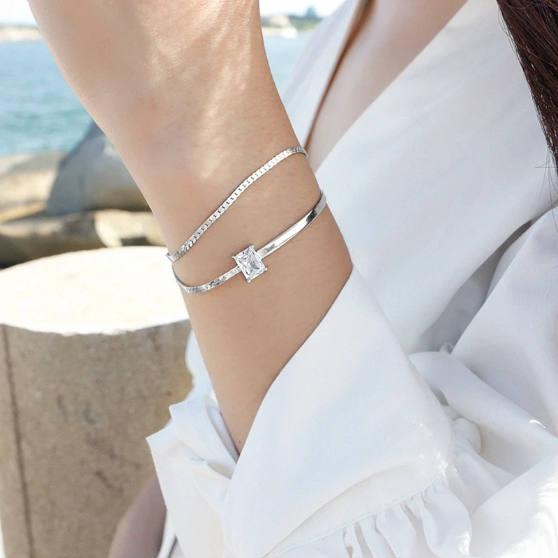 

925 sterling silver AAAA Zircon double layer bracelets fashion city wild square zircon adjustable bracelets for women jewelry