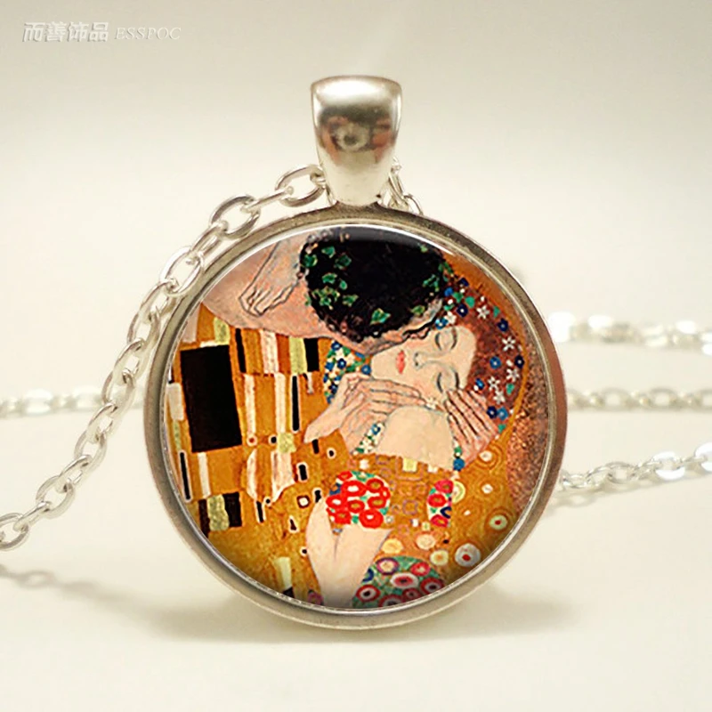 

Gustav Klimt The Kiss Necklace Art Glass Dome Pendant Jewelry Romantic Valentine Valentines Gift for Lovers Couple Girl Friends