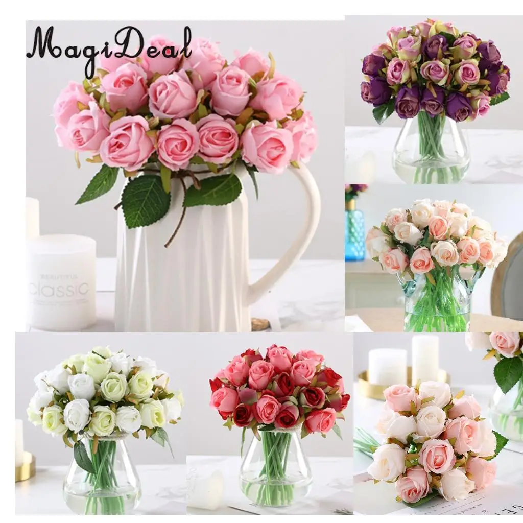 MagiDeal Artificial 12 Branch 25cm Rose Flower Bush Home Decor Wedding Floral Bouquet Potted Table Top Desk Centerpiece