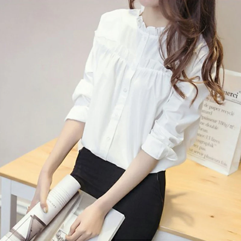 

ZH 2019 2019 White Korea Top Women Ruffled Collar Peplum Long Sleeve Elegant Plain Blouse Female Shirt High Quality