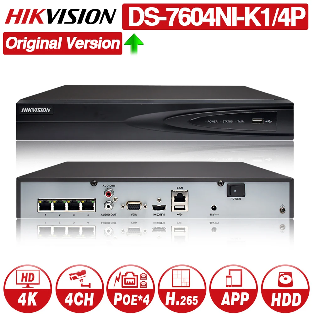

Hikvision Original DS-7604NI-K1/4P 4CH POE Embedded Plug Play 4K PoE NVR for IP Camera CCTV System Upgradable HDD Selectable.
