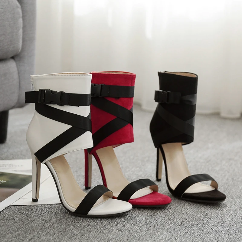 Красные, черные сандалии-гладиаторы в стиле пэчворк; женские сандалии на высоком каблуке со шнуровкой и перекрестной шнуровкой; пикантные босоножки; женская обувь; SWC0205