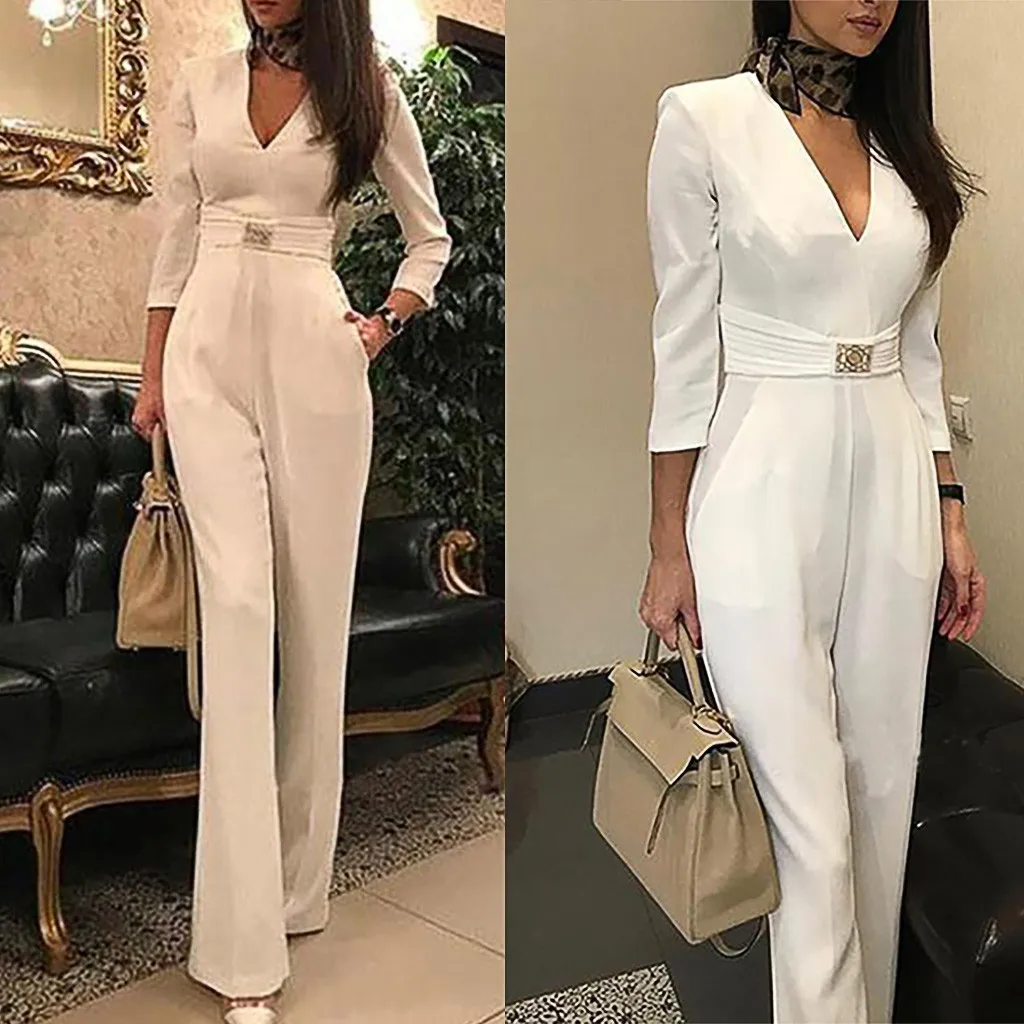 

Fashion womens body suits V-Neck Solid Color Long Sleeve Casual Formal Sexy Jumpsuit combishort femme Dropshipping #BY25