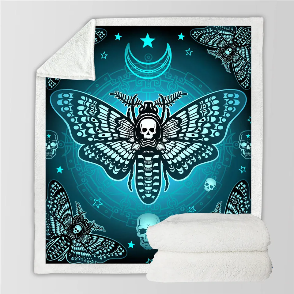 Одеяло в готическом стиле, покрывало с рисунком черепа, бабочки, плюшевое одеяло для дивана с синими звездами, домашний текстиль