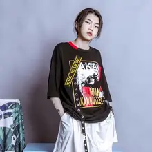 Дизайн Harajuku Свободные BF leisure письмо сшивание металлическое кольцо лента, ударопрочные цветные круглые шеи Половина рукава футболки