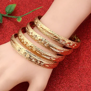 

4pcs Dubai Gold Bangles for Women Men Gold Color Wide Bracelets African European Ethiopia Jewelry Bangles
