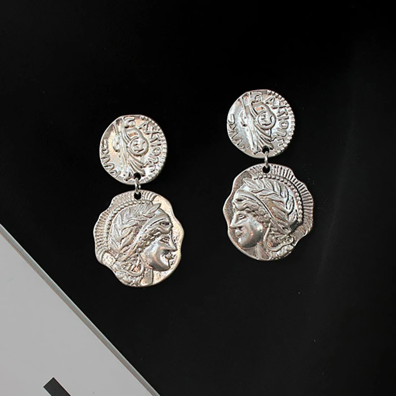 Винтажные женские серьги голова королевы монета с портретом, женские вечерние серьги с круглой дисковой медалью золотого и серебряного цвета, модные длинные серьги