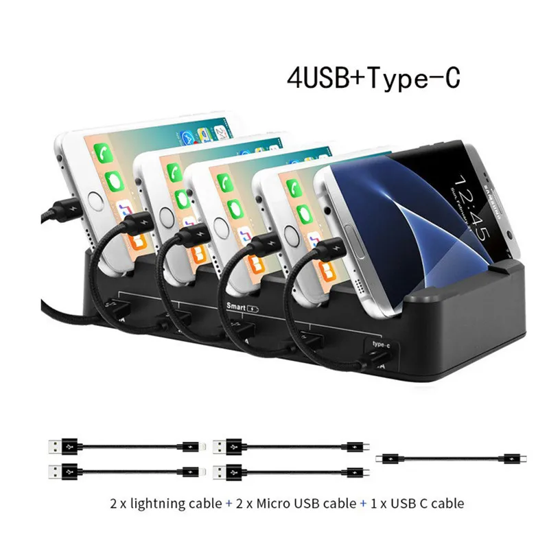 

Black Quick Charge 3.0 5-port USB Charger Bracket Mobile Tablet Smart Desktop Charging Station With 5 Charging Cables