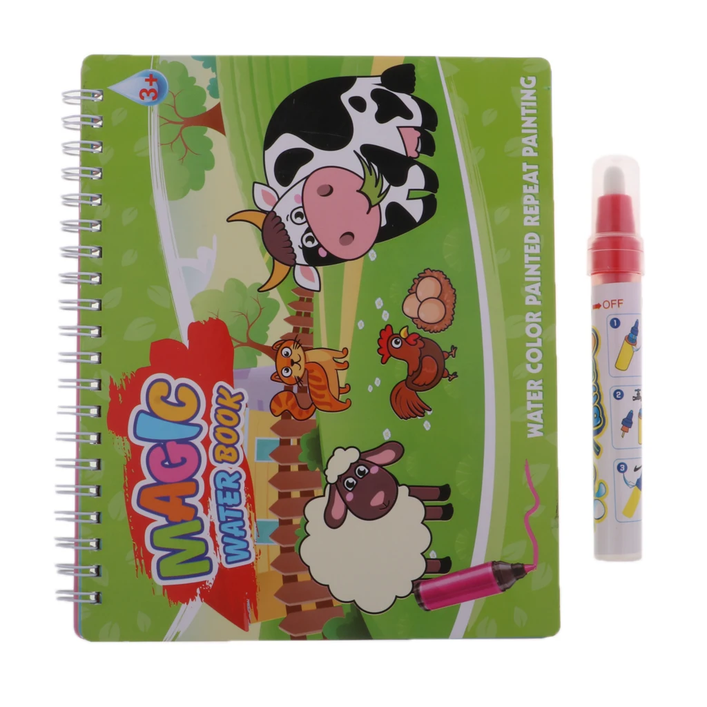Многоразовая Волшебная Акварель цвет книги с водной активности Pad с толстой ручкой, 4-Pack, животные