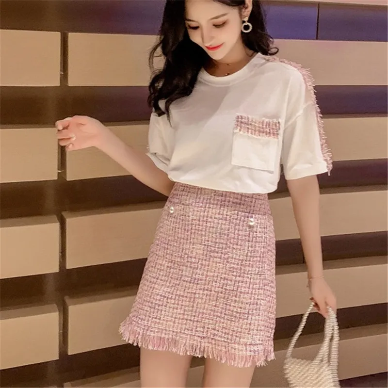 

CBAFU summer wool tweed skirt suit cute women 2 piece set tweed patchwork T-shirt tassel high waist skirt girl lady suit D652
