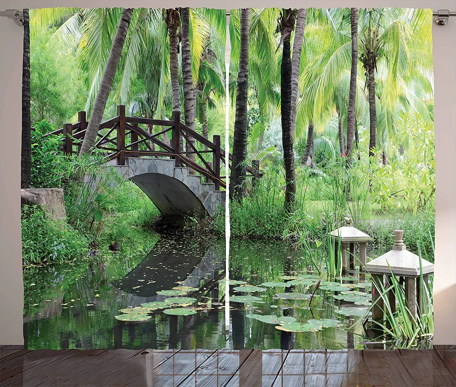 

Zen Garden Curtains Green Landscape in South China Palm Trees and Bushes Lush Growth Nature Window Drapes for Bedroom Kitchen