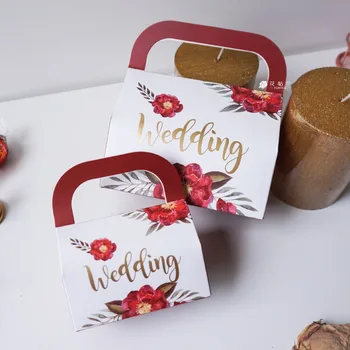 

50pcs/lot New white / wine red floral flower WEDDING candy box handbag party supplies gift box portable bags wedding favors