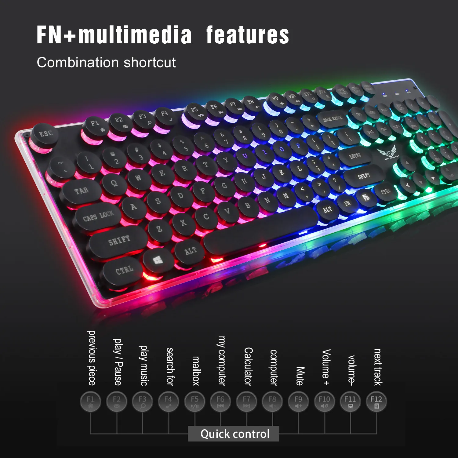 

Retro Gaming Keyboard Layout Round Keycap Backlit USB Wired Glowing Metal Panel Crystal Border Multimedia Illuminated Color LED