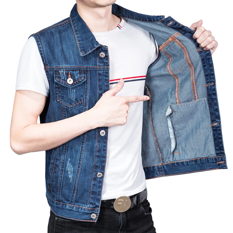 

Men's Denim Vest Blue Washed Multiple Pocket Vests Sleeveless Jackets Coat Large Size Slim Fit Waistcoat For Men Brand Outerwear