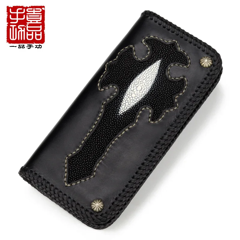 

100% Cow Leather Luxury Wallets Women Purse Original Design Handmade Purse Embed Stingray Skin Fashion Vintage Black Wallets