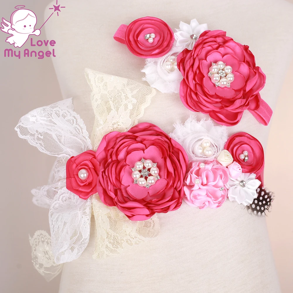 1set Baby girl flower sash and headband set lace satin floral sash belt