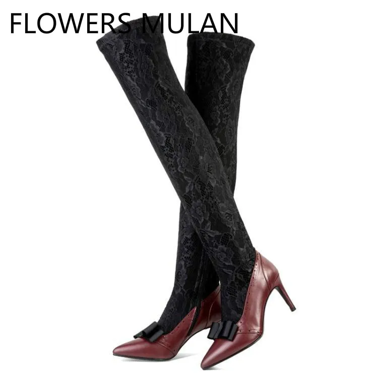 

New Designers Pathwork Red Leather Black Lace Upper Women Boots Over The Knee Chic Pointed Toe Side Zip Zapatos De Mujer Shoes