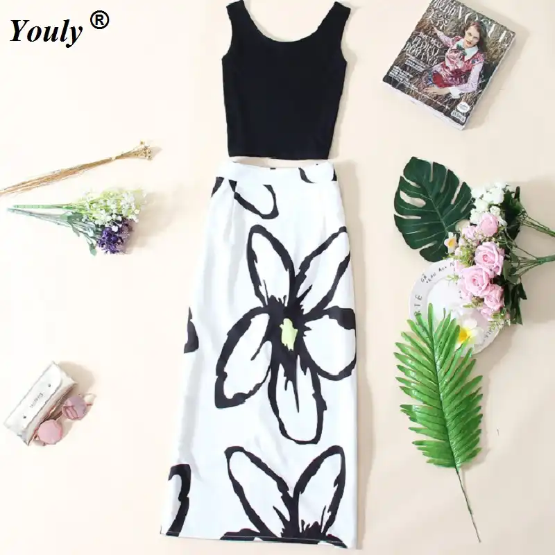 black top with floral skirt dress