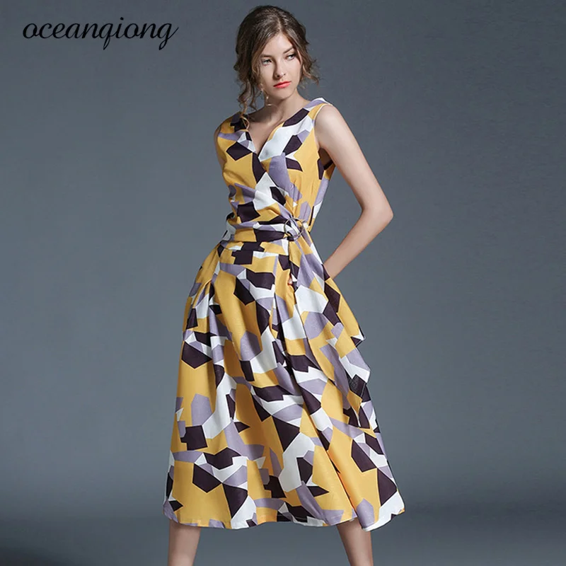 Women Linen Tank Dresses Sleeveless V Neck Sashes Vestido de Festa High Waist Geometric Pattern