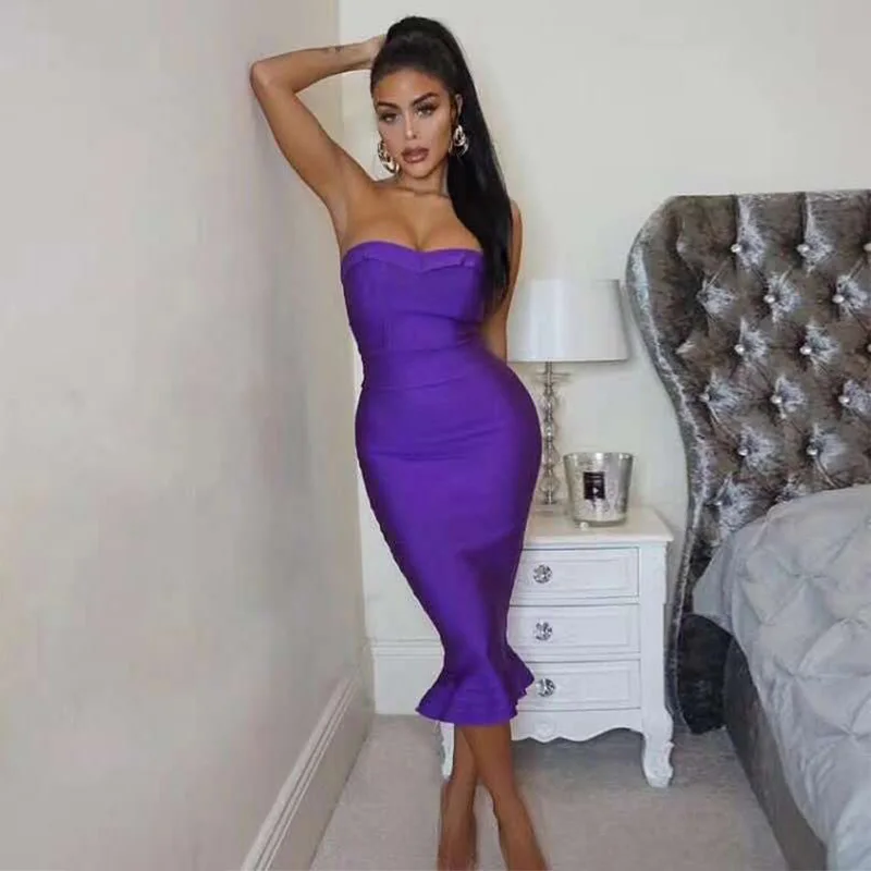 

Elegant Black Khaki Purple Bodycon Bandage Dress High Quality Fashion Strapless Summer Celebrity Evening Party Dress Wholesale