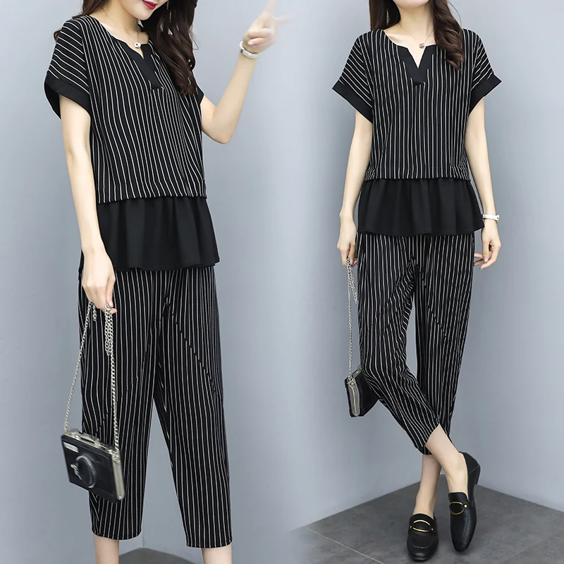 

Black Plus Size Large 2 Two Piece Set Striped Co-ord Set Women Pants Sets and Top Ruffles Office Suits 2019 4xl 5xl Clothing