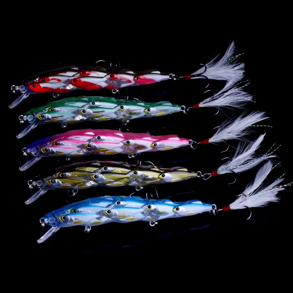 Isca de Pesca Wobbler com Gancho de Penas Minnow Iscas Duras 11.5cm 15.5g Swimbait Mar Pesca Crankbait 5 Pçs