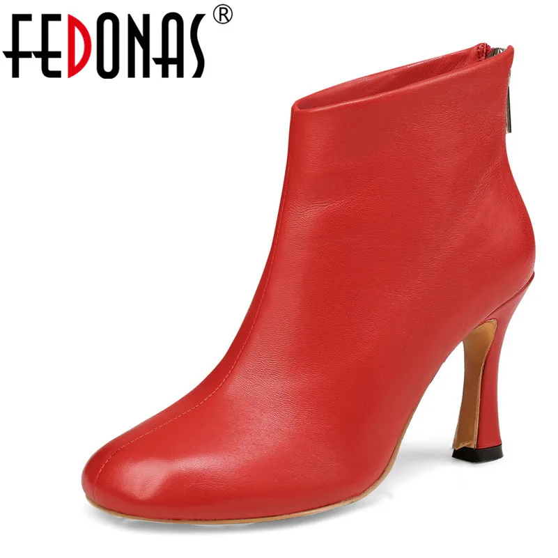 

FEDONAS Women Back Zipper Ankle Boots Autumn Winter Genuine Leather Shoes Woman Warm Ladies Boots Fashion Square Heels Pumps