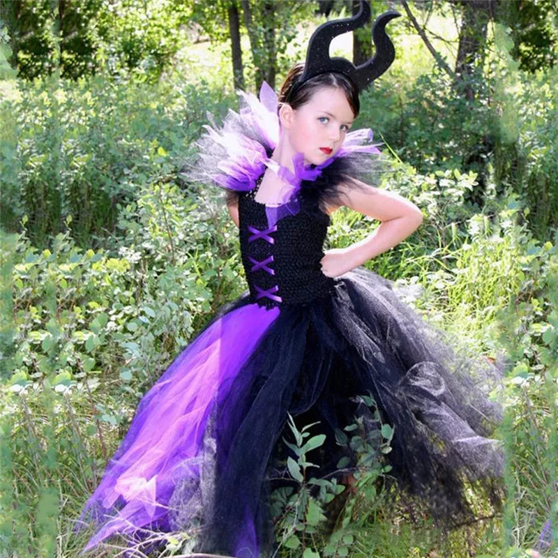 Maleficent/платье-пачка ведьмы для девочек детское платье черного цвета, лиловый фатин бальное платье с бантом для волос, Детский костюм на Хэллоуин, платья