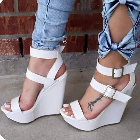 

Fancy White Women Open Toe Wedge Sandals Fashion Buckle Style Dress Shoes Super High Platform Lace-up Sandals Plus Size 43 Hot
