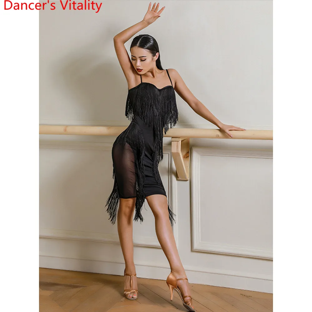 

Adult Women Classical Latin Dance Tassel Sleeveless Dress with Chest Pad Rumba Samba Tango Dancing Competition Performance Cloth
