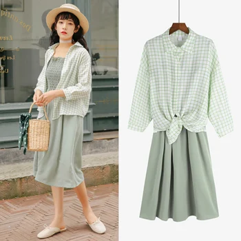 

Small Fresh 2 Piece Set Women Three Quarter Sleeves Single Breasted Plaid Tops Knee-length Dress Casual Womens Sets Clothes