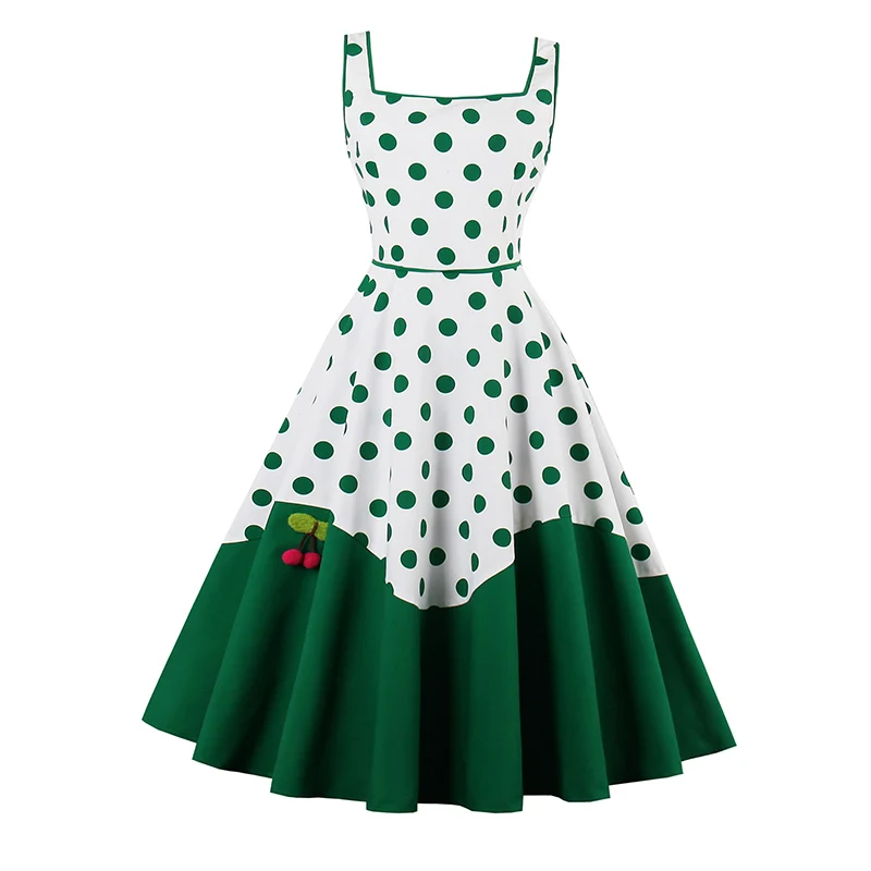 Kinikiss Women Green Polka Dots Dress Party Sleeveless -2936