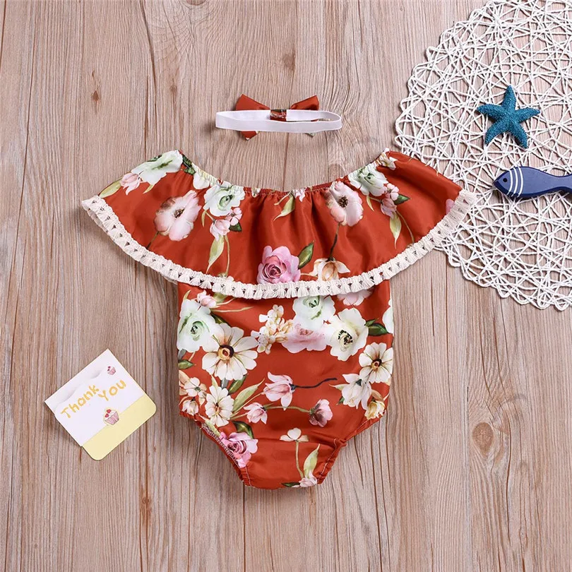 Fashion cute design Summer Baby Girls Ruffles Floral Print Romper Bodysuit Jumpsuit+Headband Outfits 2019 new (5)