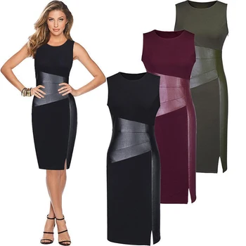 

Party Dress Women Faux Leather Splice OL Black Pencil Dress O Neck Sleeveless Elegant Slim Bodycon Dress 2019 Hit Color