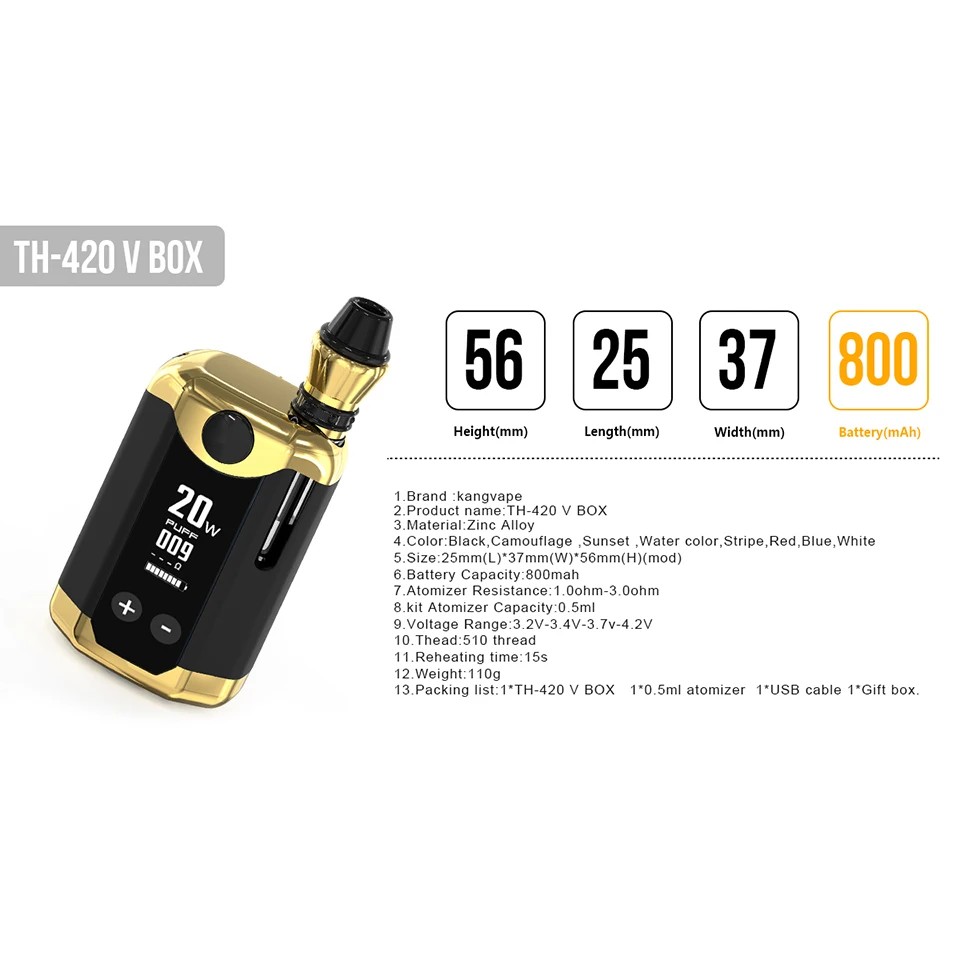 Original kangvape TH420 V vape BOX mod Kit 800mAh 1.5ohm 0.5ml Tank E-cigarette for 510 thread vaporizador kit VS Smok vaporesso (4)