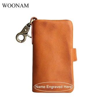 

WOONAM Genuine Calf Leather Name Engraved Personalized Custom Zippy Coin Purse with Key Holder MB080