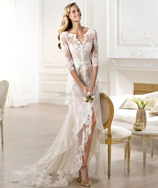 2017 New Arrival Vintage V Neck High Low Lace Wedding Dresses Y 2017 New Arrival Vintage V Neck High Low Lace Wedding Dresses Y Robe De Mariage