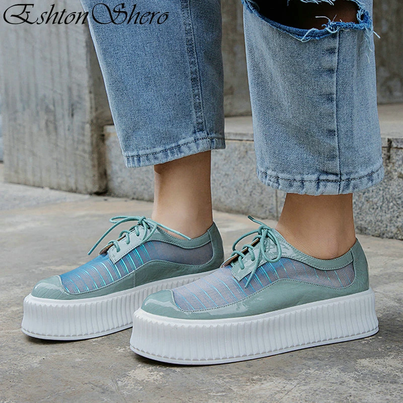 

EshtonShero Women's Shoes Platform Shoes Woman Med Heels Sneakers Patent Leather+Mesh Green Summer Ladies Casual Shoes Size 3-9