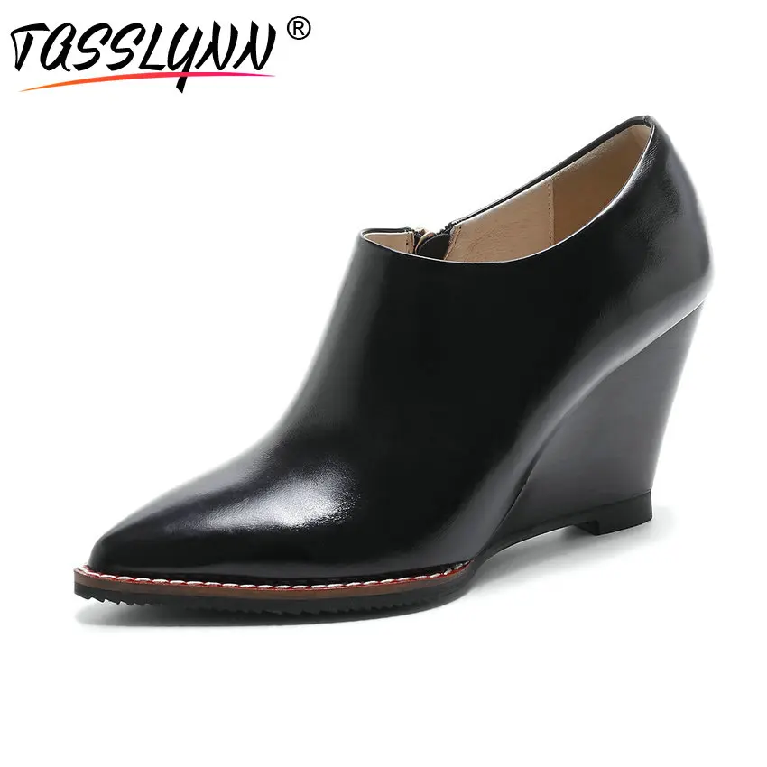 

TASSLYNN 2018 Women Pumps Wedges High Heels Shoes Pointed Toe Real Leather/PU Ladies Pumps Western Style Casual Shoes Size 34-39